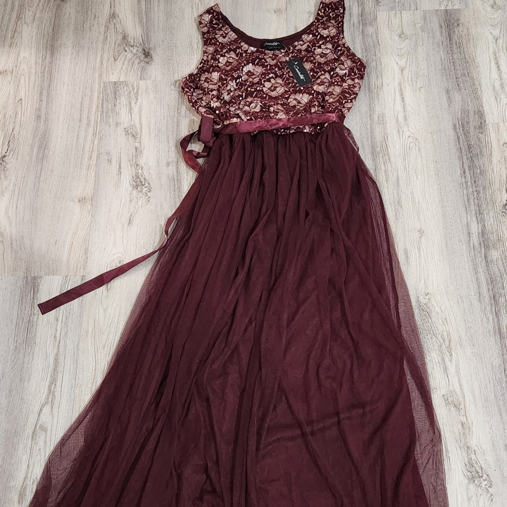 Charlotte Russe Wine Lace Bodice Tulle Maxi Dress
